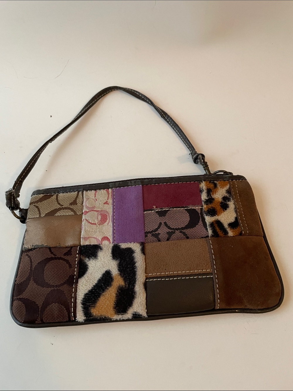 Coach style Patchwork Clutch in Brown, Tan, Purple and Leopard